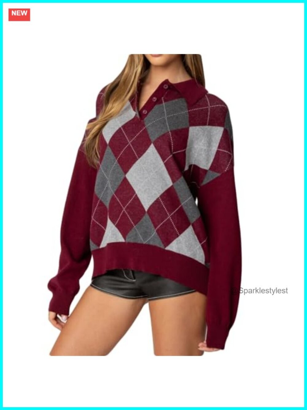 Women's Argyle Plaid Knitted Pullover Sweater Long Sleeve Baggy Preppy Y2k